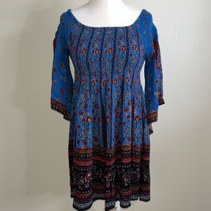 Altar’d State Floral Rustic Boho Flare Sleeve Off the Shoulder Mini Dress